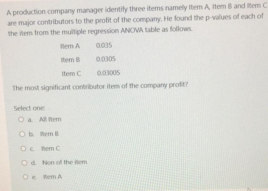 A production company manager identify three items namely Item A, Item B and Item C
are major contributors to the profit of the company. He found the p-values of each of
the item from the multiple regression ANOVA table as follows.
Item A
0.035
Item B
0.0305
Item C
0.03005
The most significant contributor item of the company profit?
Select one:
O a. All Item
Ob.
Item B
O c.
Item C
Od. Non of the item
Oe. Item A