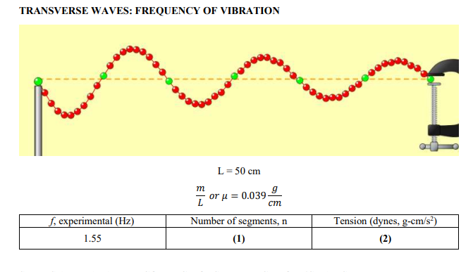 TRANSVERSE WAVES: FREQUENCY OF VIBRATION
L= 50 cm
m
or u = 0.039
ст
f, experimental (Hz)
Number of segments, n
Tension (dynes, g-cm/s²)
1.55
(1)
(2)
