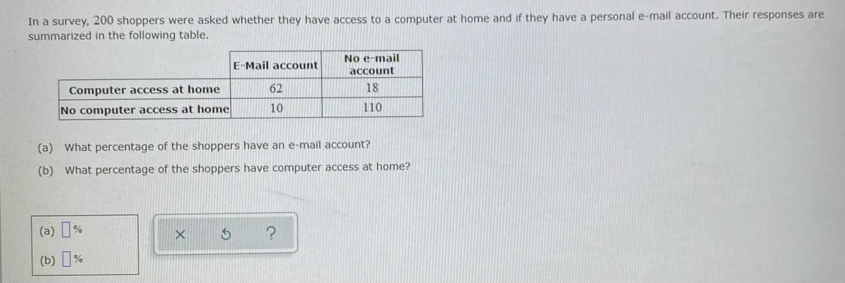 In a survey, 200 shoppers were asked whether they have access to a computer at home and if they have a personal e-mail account. Their responses are
summarized in the following table.
No e-mail
E-Mail account
account
Computer access at home
62
18
No computer access at home
10
110
(a) What percentage of the shoppers have an e-mail account?
(b) What percentage of the shoppers have computer access at home?
(a) %
(b) %
