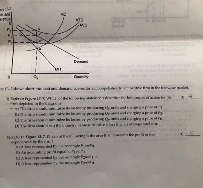 are 13-7
sis and
evenue
$4
P2
MC
FM/
ATC
E OG AS SS
AVC
(oo)
ubonq aviimoo loiteiloqo
sol o bnal
Po
Demand
MA
Quantity
ure 13-7 shows short-run cost and demand curves for a monopolistically competitive firm in the footwear market.
3) Refer to Figure 13-7. Which of the following statements describes the best course of action for the
firm depicted in the diagram?
* A) The firm should minimize its losses by producing Qy units and charging a price of P1.
B) The firm should minimize its losses by producing Qy units and charging a price of P2.
C) The firm should minimize its losses by producing Qy units and charging a price of Po.
D) The firm should exit the industry because its price is less than its average total cost.
3) A
4) Refer to Figure 13-7. Which of the following is the area that represents the profit or loss
experienced by the firm?
A) A loss represented by the rectangle PivwPo.
B) An accounting profit equal to P1vwPo.
C)A loss represented by the rectangle P2uvP1.
D) A loss represented by the rectangle P2uwPo.
laun a
