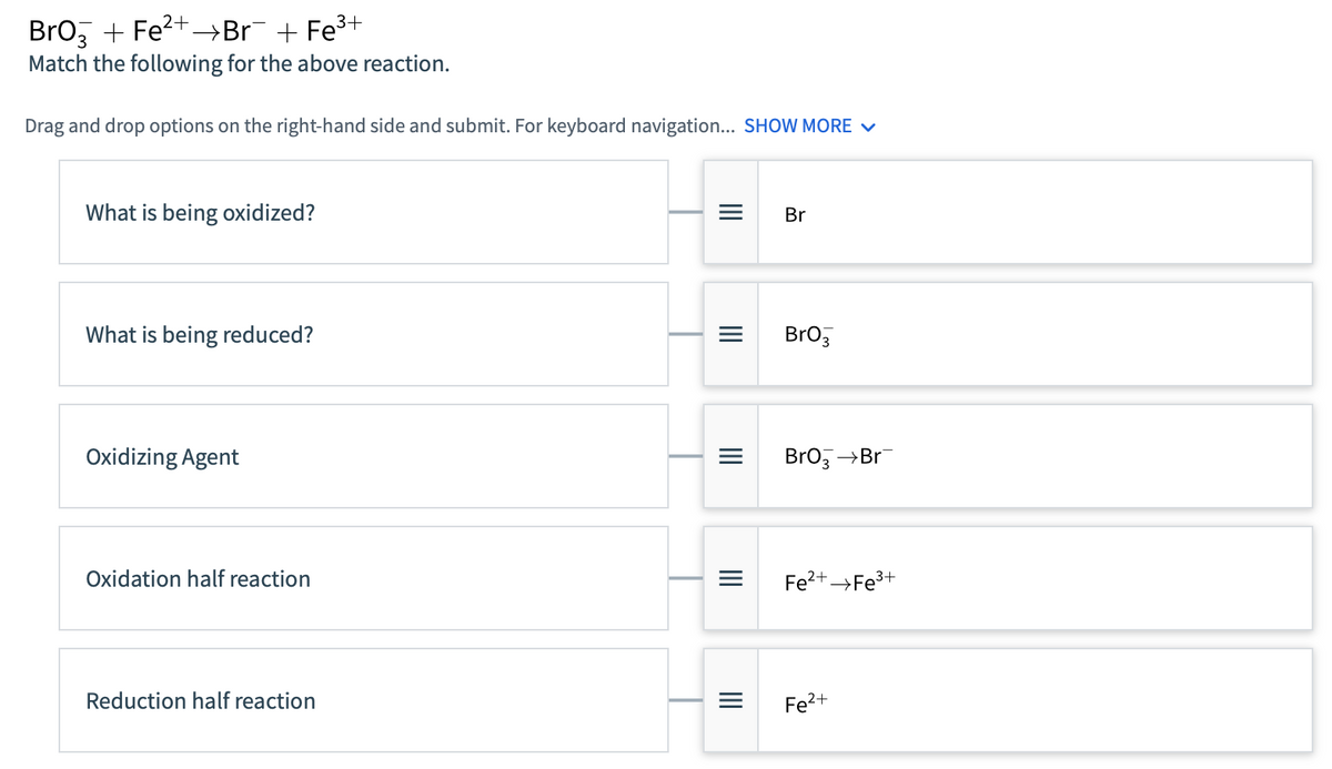 2+
BrO3 + Fe²+→Br¯ + Fe³+
Match the following for the above reaction.
Drag and drop options on the right-hand side and submit. For keyboard navigation... SHOW MORE ✓
What is being oxidized?
What is being reduced?
Oxidizing Agent
Oxidation half reaction
Reduction half reaction
|||
|||
|||
|||
Br
BrO3
Bro Br
Fe²+ →→Fe³+
3+
Fe²+