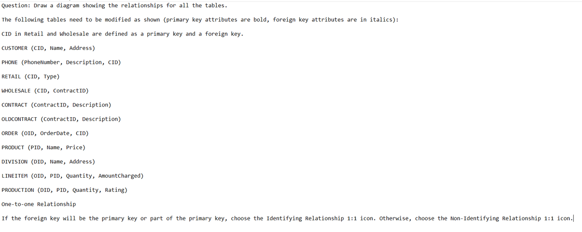 Question: Draw a diagram showing the relationships for all the tables.
The following tables need to be modified as shown (primary key attributes are bold, foreign key attributes are in italics):
CID in Retail and Wholesale are defined as a primary key and a foreign key.
CUSTOMER (CID, Name, Address)
PHONE (PhoneNumber, Description, CID)
RETAIL (CID, Type)
WHOLESALE (CID, ContractID)
CONTRACT (ContractID, Description)
OLDCONTRACT (ContractID, Description)
ORDER (OID, OrderDate, CID)
PRODUCT (PID, Name, Price)
DIVISION (DID, Name, Address)
LINEITEM (OID, PID, Quantity, AmountCharged)
PRODUCTION (DID, PID, Quantity, Rating)
One-to-one Relationship
If the foreign key will be the primary key or part of the primary key, choose the Identifying Relationship 1:1 icon. Otherwise, choose the Non-Identifying Relationship 1:1 icon.