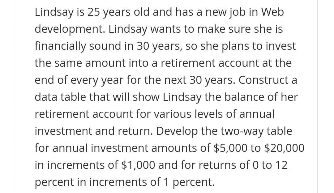 Lindsay is 25 years old and has a new job in Web
development. Lindsay wants to make sure she is
financially sound in 30 years, so she plans to invest
the same amount into a retirement account at the
end of every year for the next 30 years. Construct a
data table that will show Lindsay the balance of her
retirement account for various levels of annual
investment and return. Develop the two-way table
for annual investment amounts of $5,000 to $20,000
in increments of $1,000 and for returns of 0 to 12
percent in increments of 1 percent.
