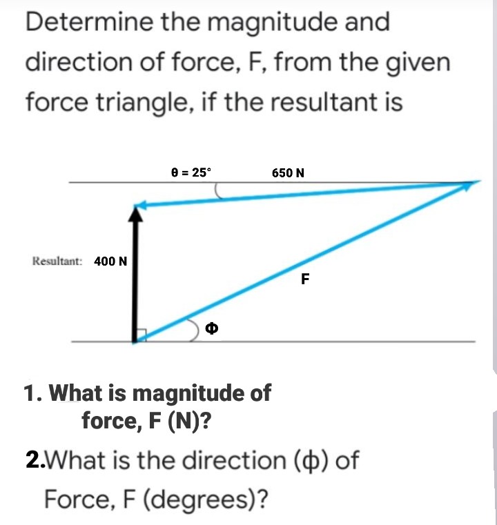 Determine the magnitude and
direction of force, F, from the given
force triangle, if the resultant is
8 = 25°
650 N
Resultant: 400 N
F
1. What is magnitude of
force, F (N)?
2.What is the direction (þ) of
Force, F (degrees)?
