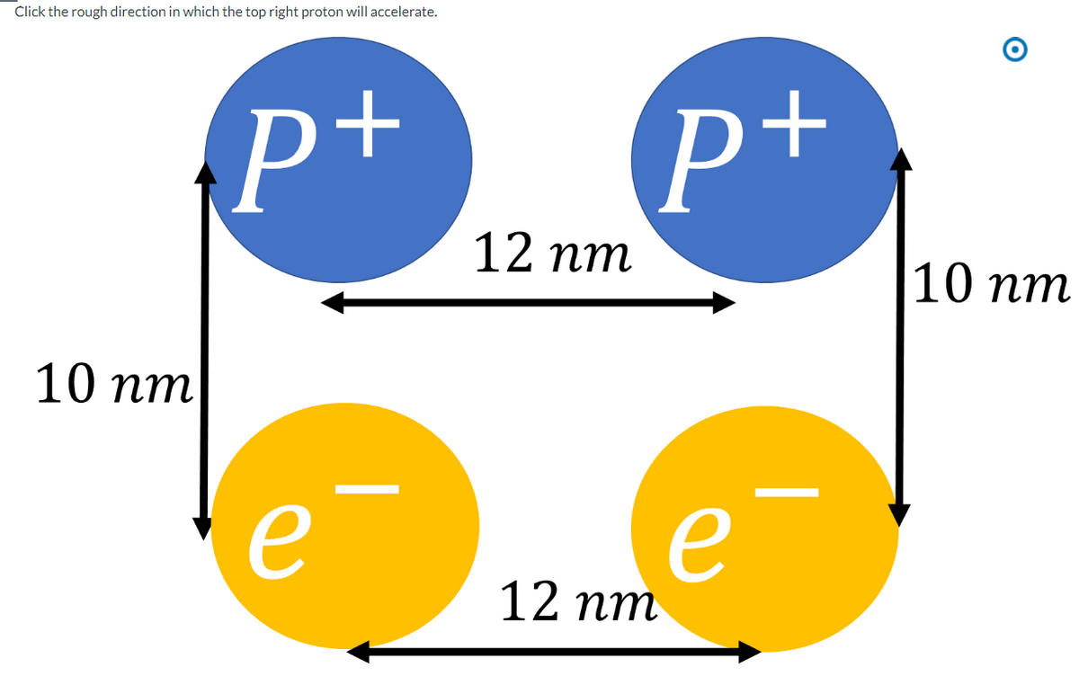 Click the rough direction in which the top right proton will accelerate.
10 nm
P+
e
12 nm
p+
12 nm
e
O
10 nm