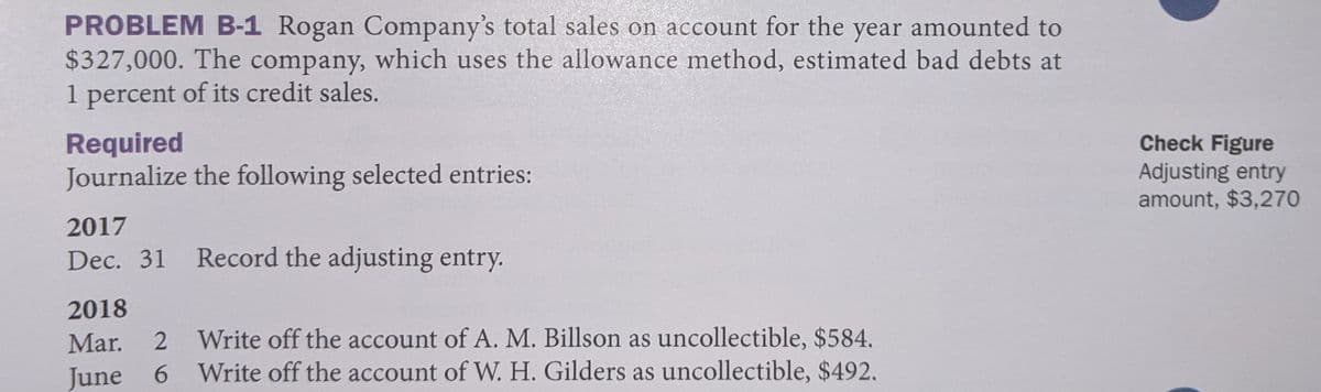 PROBLEM B-1 Rogan Company's total sales on account for the year amounted to
$327,000. The company, which uses the allowance method, estimated bad debts at
1 percent of its credit sales.
Required
Journalize the following selected entries:
Check Figure
Adjusting entry
amount, $3,270
2017
Dec. 31
Record the adjusting entry.
2018
2 Write off the account of A. M. Billson as uncollectible, $584.
June 6 Write off the account of W. H. Gilders as uncollectible, $492.
Mar.

