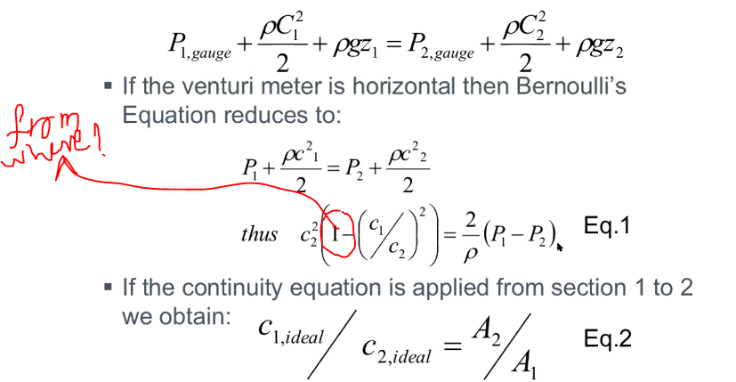 + pgz, = Pgauge
2
PC;
+ pgz 2
+
1, gauge
· If the venturi meter is horizontal then Bernoulli's
Equation reduces to:
from
where?
P+
- Р, +
2
%3D
2
Eq.1
thus
- If the continuity equation is applied from section 1 to 2
we obtain:
C1,ideal
A,
Eq.2
C2,ideal
A
