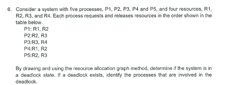 6. Consider a system with five processes, P1, P2, P3, P4 and P5, and four resources, R1,
R2, R3, and R4. Each process requests and releases resources in the order shown in the
table below.
P1: R1, R2
P2:R2, R3
P3:R3, R4
P4:R1, R2
P5:R2, R3
By drawing and using the resource allocation graph method, determine if the system is in
a deadlock state. If a deadlock exists, identify the processes that are involved in the
deadlock.