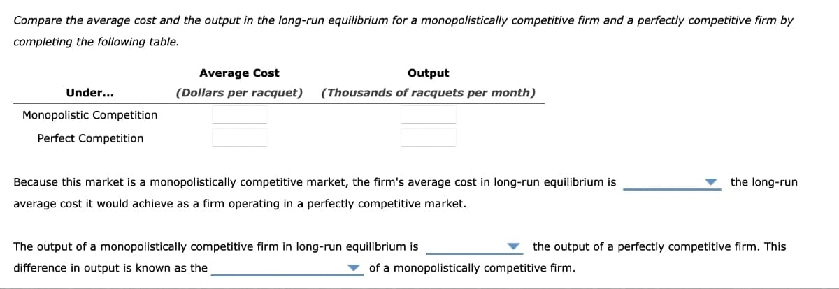 Compare the average cost and the output in the long-run equilibrium for a monopolistically competitive firm and a perfectly competitive firm by
completing the following table.
Under...
Monopolistic Competition
Perfect Competition
Average Cost
Output
(Dollars per racquet) (Thousands of racquets per month)
Because this market is a monopolistically competitive market, the firm's average cost in long-run equilibrium is
average cost it would achieve as a firm operating in a perfectly competitive market.
The output of a monopolistically competitive firm in long-run equilibrium is
difference in output is known as the
the long-run
the output of a perfectly competitive firm. This
of a monopolistically competitive firm.