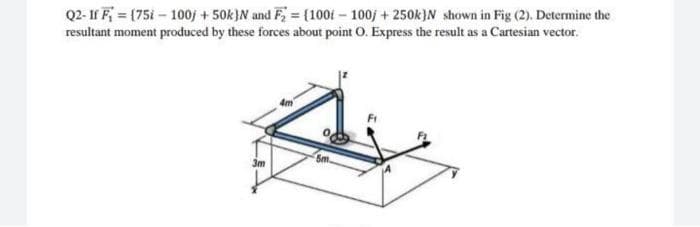 Q2- If F, = (75i - 100j + 50k}N and F, = (100i – 100/ +250k}N shown in Fig (2). Determine the
resultant moment produced by these forces about point O. Express the result as a Cartesian vector.
5m
3m

