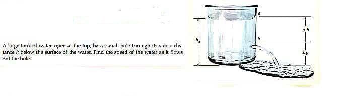 A large tank of water, open at the top, has a small bole through its side a dis-
tance t below the surtace of the water. Find the speed of the water as it flows
out the hole.
