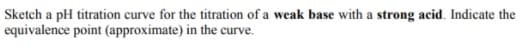 Sketch a pH titration curve for the titration of a weak base with a strong acid. Indicate the
equivalence point (approximate) in the curve.
