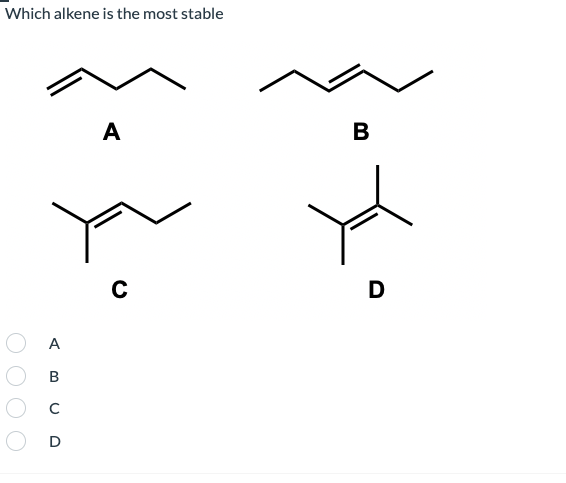 Which alkene is the most stable
A
В
D
A
B

