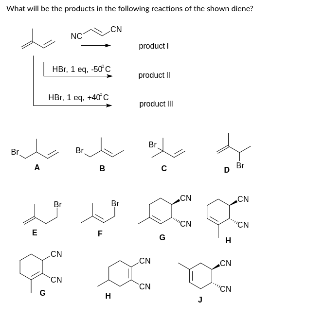 What will be the products in the following reactions of the shown diene?
CN
Br
A
E
G
HBr, 1 eq, -50°C
HBr, 1 eq, +40°C
Br
NC
CN
CN
Br
B
LL
F
Br
H
product I
product II
product III
Br
CN
CN
с
G
CN
"CN
J
D
H
CN
'CN
Br
CN
"CN
