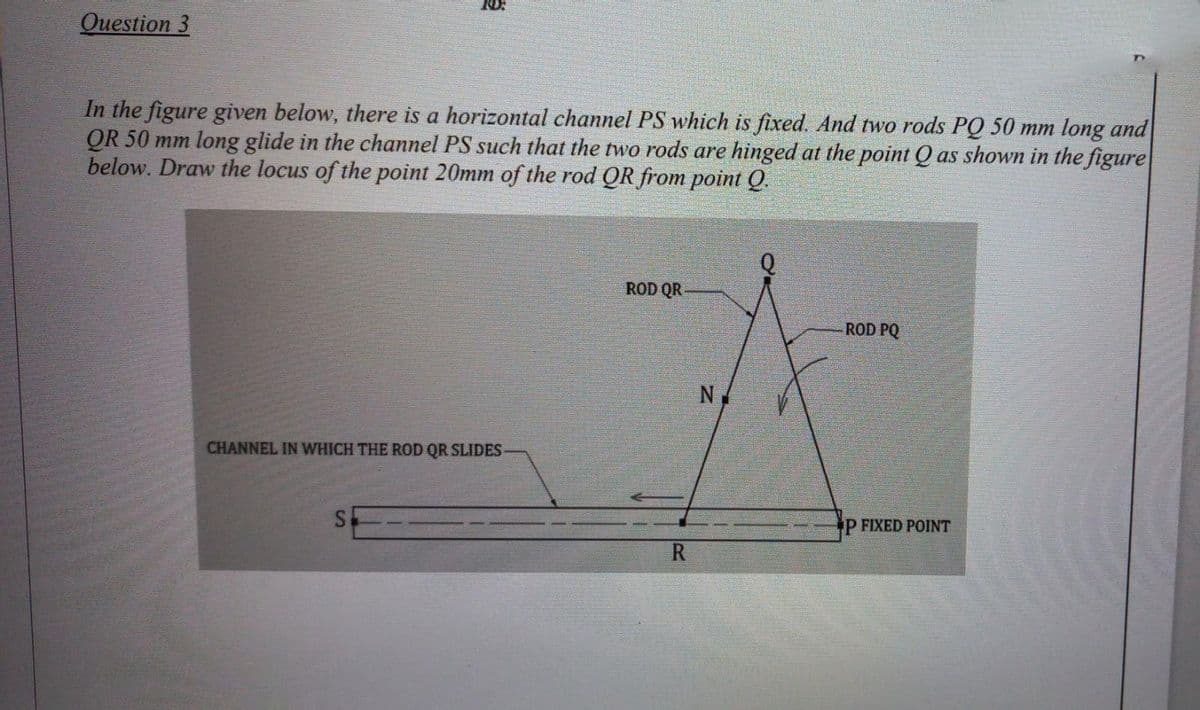 Question 3
Š
In the figure given below, there is a horizontal channel PS which is fixed. And two rods PQ 50 mm long and
QR 50 mm long glide in the channel PS such that the two rods are hinged at the point Q as shown in the figure
below. Draw the locus of the point 20mm of the rod QR from point Q.
CHANNEL IN WHICH THE ROD QR SLIDES-
S
ROD QR-
R
N
ROD PQ
P FIXED POINT