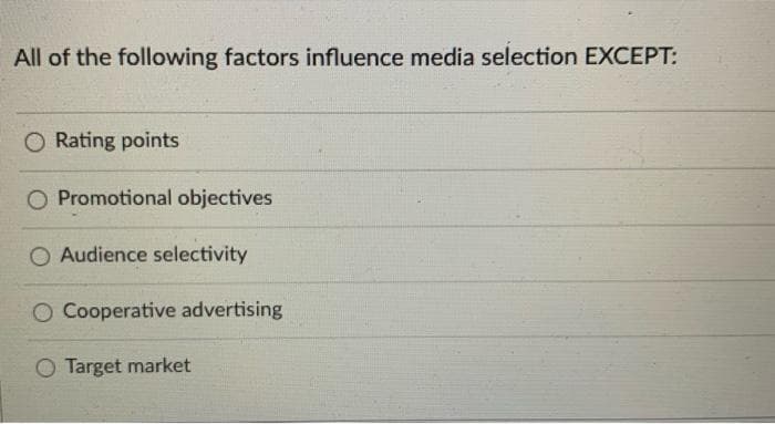 All of the following factors influence media selection EXCEPT:
Rating points
O Promotional objectives
O Audience selectivity
O Cooperative advertising
O Target market
