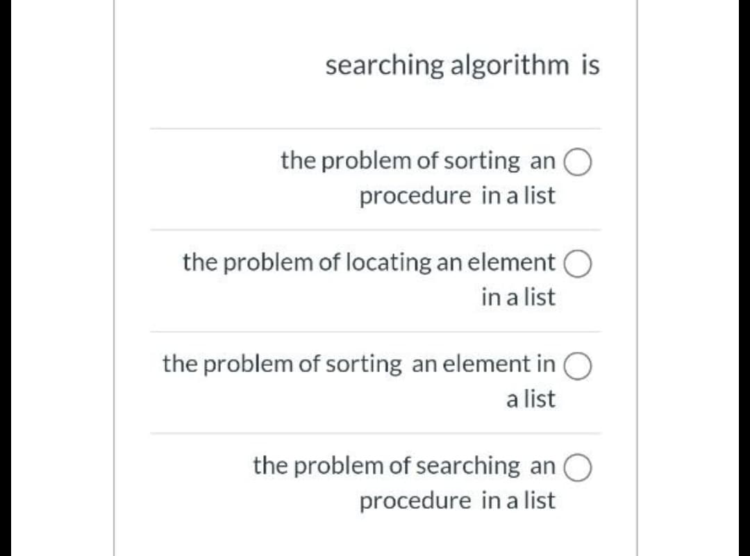 searching algorithm is
the problem of sorting an O
procedure in a list
the problem of locating an element O
in a list
the problem of sorting an element in O
a list
the problem of searching an
procedure in a list
