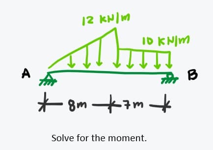 12 KN/m
ID KN/m
A
B
8m
Solve for the moment.
