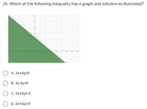 25. Which of the following inequality has a graph and solution as illustrated?
O A. 3x+4ys9
В. Зх-4ys9
С. 3х+4y2-9
D. 3x+4y2-9
