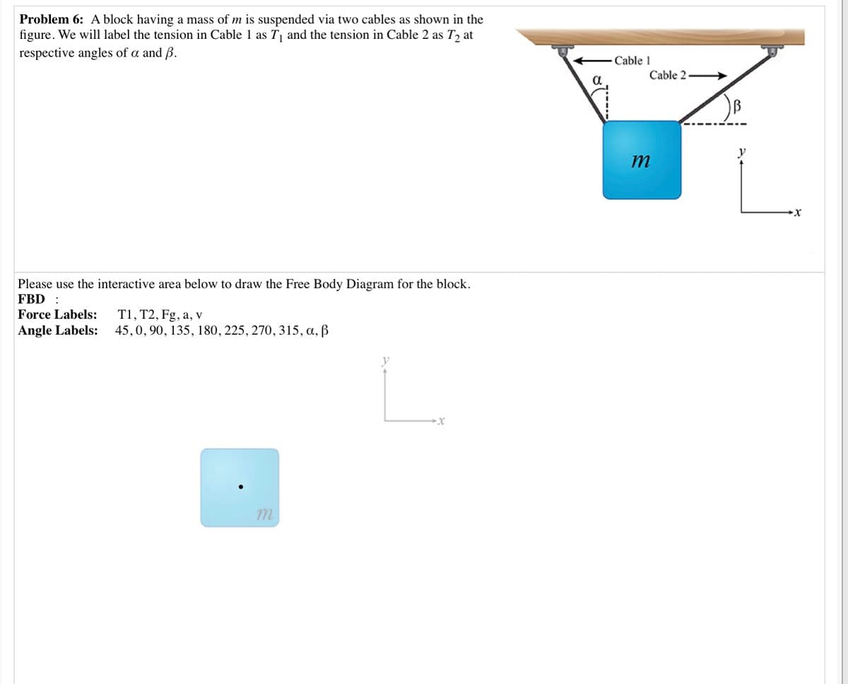 Problem 6: A block having a mass of m is suspended via two cables as shown in the
figure. We will label the tension in Cable 1 as T¡ and the tension in Cable 2 as T, at
respective angles of a and ß.
Cable 1
Cable 2
a
m
Please use the interactive area below to draw the Free Body Diagram for the block.
FBD :
T1, T2, Fg, a, v
45,0, 90, 135, 180, 225, 270, 315, a, ß
Force Labels:
Angle Labels:
m
