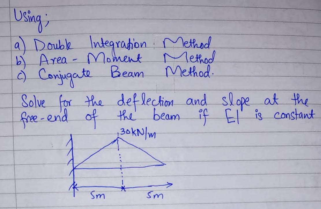 Using;
a) Double Integration Method
b) Area - Moment
c) Conjugate Beam
Method
Method.
4
Solve for the deflection and slope at the
free-end of the beam if El is constant
130 kN/m
Sm
Sm