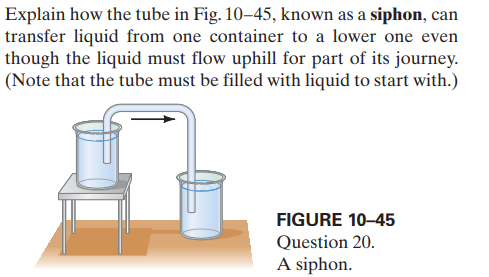 Explain how the tube in Fig. 10–45, known as a siphon, can
transfer liquid from one container to a lower one even
though the liquid must flow uphill for part of its journey.
(Note that the tube must be filled with liquid to start with.)
FIGURE 10-45
Question 20.
A siphon.
