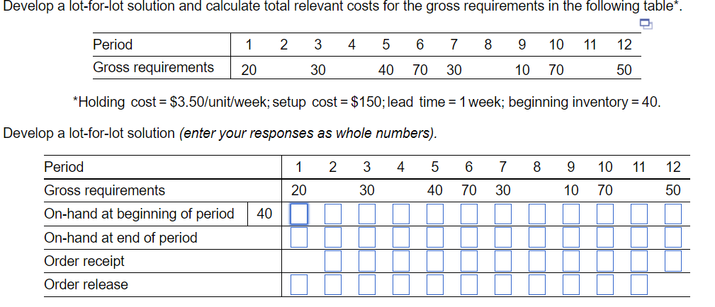 Develop a lot-for-lot solution and calculate total relevant costs for the gross requirements in the following table*.
Period
1
2
3
4
5
6
7
8 9 10
11
12
Gross requirements
20
30
40
70 30
10 70
50
*Holding cost $3.50/unit/week; setup cost = $150; lead time = 1 week; beginning inventory = 40.
Develop a lot-for-lot solution (enter your responses as whole numbers).
Period
1 2
3
4
5 6 7 8
9
10 11
12
Gross requirements
20
30
40 70
30
10
70
50
On-hand at beginning of period
40
On-hand at end of period
Order receipt
Order release