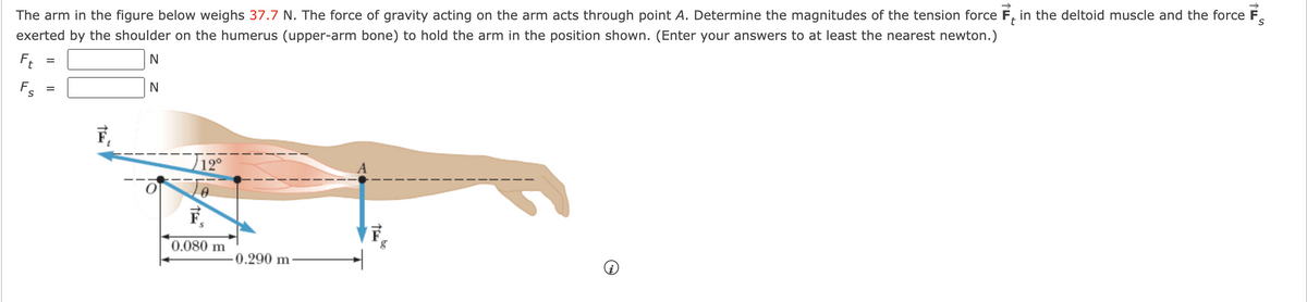 The arm in the figure below weighs 37.7 N. The force of gravity acting on the arm acts through point A. Determine the magnitudes of the tension force in the deltoid muscle and the force F S
exerted by the shoulder on the humerus (upper-arm bone) to hold the arm in the position shown. (Enter your answers to at least the nearest newton.)
N
Ft
Fs
N
√12⁰
0
F
0.080 m
-0.290 m
TE