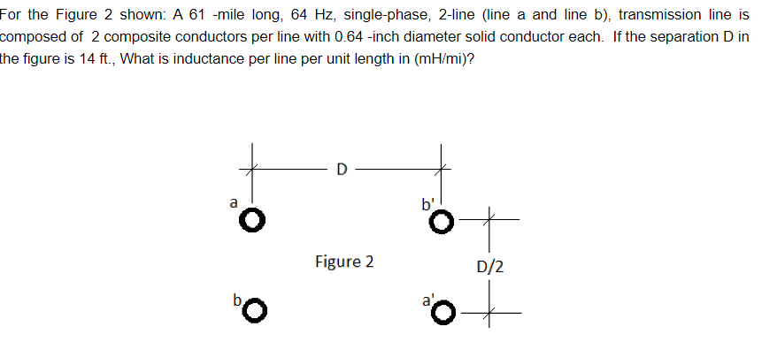 For the Figure 2 shown: A 61 -mile long, 64 Hz, single-phase, 2-line (line a and line b), transmission line is
composed of 2 composite conductors per line with 0.64 -inch diameter solid conductor each. If the separation D in
the figure is 14 ft., What is inductance per line per unit length in (mH/mi)?
a
O
bo
D
Figure 2
b'
O
D/2
。+
a