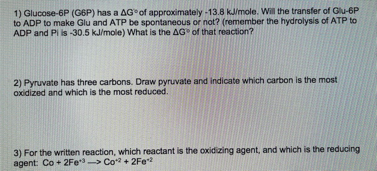 1) Glucose-6P (G6P) has a AGo of approximately -13.8 kJ/mole. Will the transfer of Glu-6P
to ADP to make Glu and ATP be spontaneous or not? (remember the hydrolysis of ATP to
ADP and Pi is -30.5 kJ/mole) What is the AG° of that reaction?
2) Pyruvate has three carbons. Draw pyruvate and indicate which carbon is the most
oxidized and which is the most reduced.
3) For the written reaction, which reactant is the oxidizing agent, and which is the reducing
agent: Co + 2Fe*3 Co*2 + 2Fe+2
