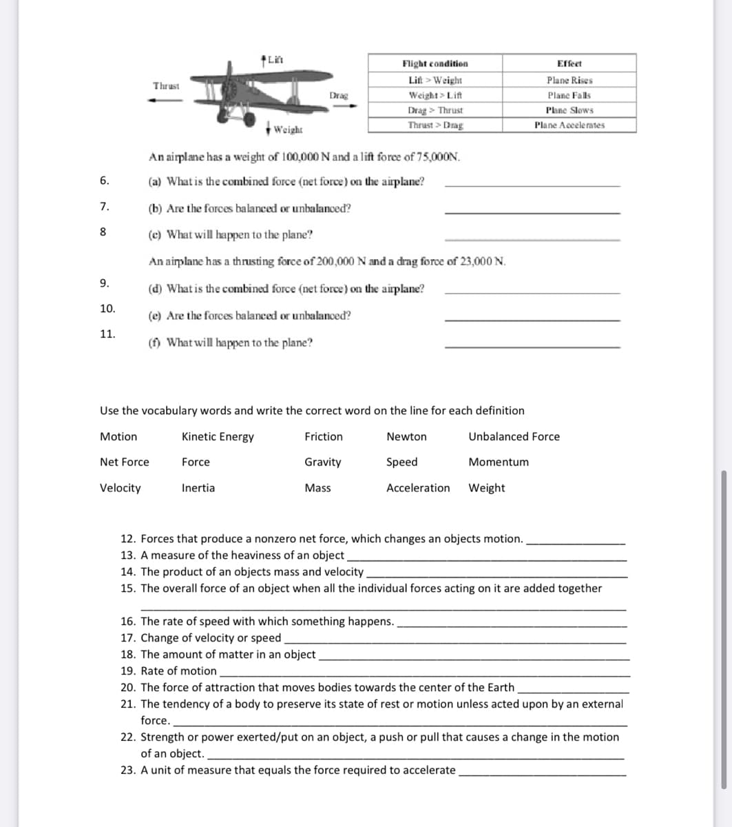 Flight condition
Effect
Lift > Weight
Plane Rises
Thrust
Drag
Weight> Lift
Plane Falls
Drag > Thrust
Plane Slows
Thrust > Drag
Plane Accelerates
Weight
An airplane has a weight of 100,000 N and a lift force of 75,000N.
6.
(a) What is the combined force (net force) on the airplane?
7.
(b) Are the forces balanced or unbalanced?
8
(c) What will happen to the plane?
An airplane has a thrusting force of 200,000 N and a drag force of 23,000 N.
9.
(d) What is the combined force (net force) on the airplane?
10.
(e) Are the forces balanced or unbalanced?
11.
(f) What will happen to the plane?
Use the vocabulary words and write the correct word on the line for each definition
Motion
Kinetic Energy
Friction
Newton
Unbalanced Force
Net Force
Force
Gravity
Speed
Momentum
Velocity
Inertia
Mass
Acceleration
Weight
12. Forces that produce a nonzero net force, which changes an objects motion.
13. A measure of the heaviness of an object
14. The product of an objects mass and velocity
15. The overall force of an object when all the individual forces acting on it are added together
16. The rate of speed with which something happens.
17. Change of velocity or speed
18. The amount of matter in an object
19. Rate of motion
20. The force of attraction that moves bodies towards the center of the Earth
21. The tendency of a body to preserve its state of rest or motion unless acted upon by an external
force.
22. Strength or power exerted/put on an object, a push or pull that causes a change in the motion
of an object.
23. A unit of measure that equals the force required to accelerate
