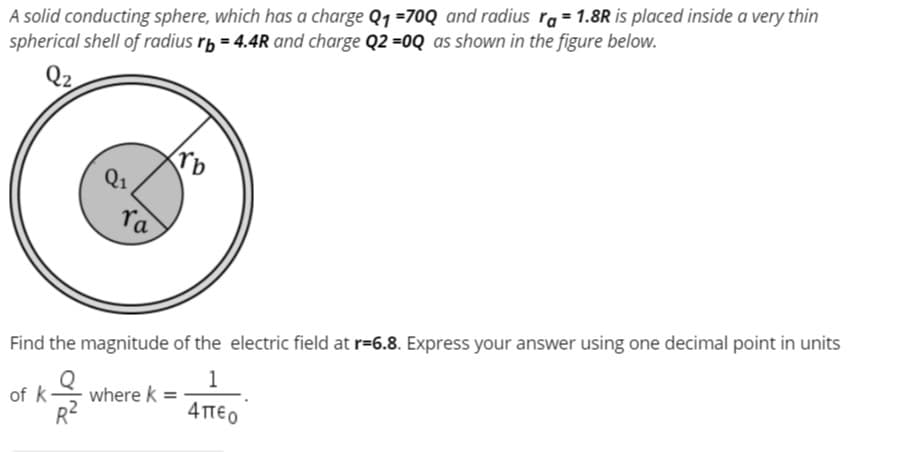A solid conducting sphere, which has a charge Q1 =70Q and radius ra = 1.8R is placed inside a very thin
spherical shell of radius rp = 4.4R and charge Q2 =0Q as shown in the figure below.
Q2
Q1
Ta
Find the magnitude of the electric field at r=6.8. Express your answer using one decimal point in units
1
where k =
of k
4πεο
