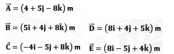 D = (8î + 4j + 5k)n
A = (4 + 5j – 8k) m
%3D
B = (5i + 4j + 8k) m D = (8i+ 4j + 5k) m
C = (-4î – 5j + 8k) m E = (8î – 5ĵ + 4k) m
%3D
