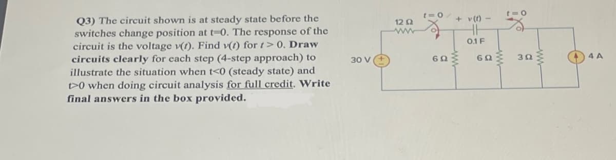 Q3) The circuit shown is at steady state before the
switches change position at t-0. The response of the
circuit is the voltage v(t). Find v(t) for t> 0. Draw
circuits clearly for each step (4-step approach) to
illustrate the situation when t<0 (steady state) and
t0 when doing circuit analysis for full credit. Write
final answers in the box provided.
30 V
12 Ω
ww
t=0
6Ω
t=0
60 30
+v()-
0.1 F
www
4 A