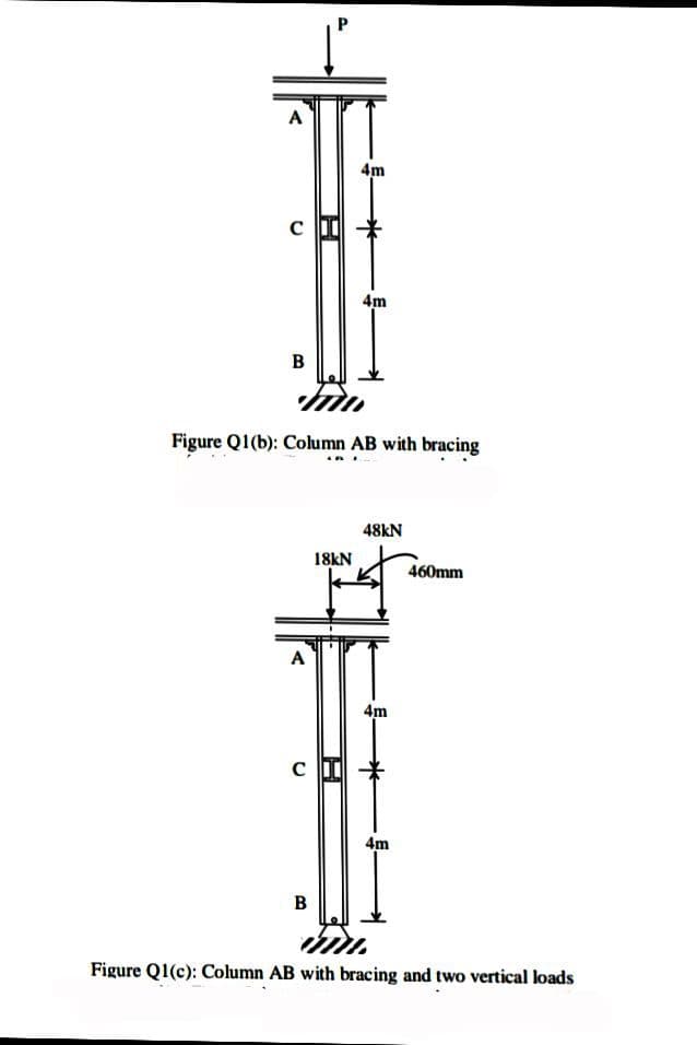 A
4m
4m
B
Figure Q1(b): Column AB with bracing
48kN
18KN
460mm
A
4m
с
4m
Figure Q1(c): Column AB with bracing and two vertical loads
P.
