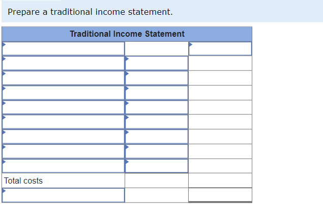 Prepare a traditional income statement.
Total costs
Traditional Income Statement