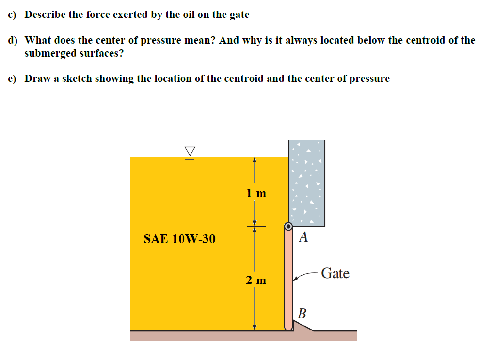 c) Describe the force exerted by the oil on the gate
d) What does the center of pressure mean? And why is it always located below the centroid of the
submerged surfaces?
e) Draw a sketch showing the location of the centroid and the center of pressure
1 m
SAE 10W-30
A
Gate
2 m
В
