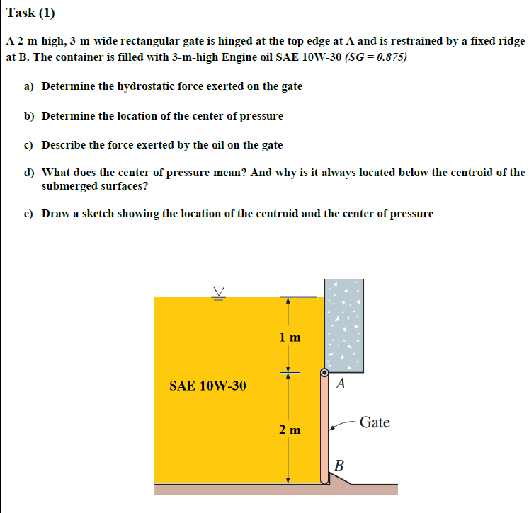 Task (1)
A 2-m-high, 3-m-wide rectangular gate is hinged at the top edge at A and is restrained by a fixed ridge
at B. The container is filled with 3-m-high Engine oil SAE 10W-30 (SG = 0.875)
a) Determine the hydrostatic force exerted on the gate
b) Determine the location of the center of pressure
c) Describe the force exerted by the oil on the gate
d) What does the center of pressure mean? And why is it always located below the centroid of the
submerged surfaces?
e) Draw a sketch showing the location of the centroid and the center of pressure
1 m
SAE 10W-30
A
Gate
2 m
В
DI

