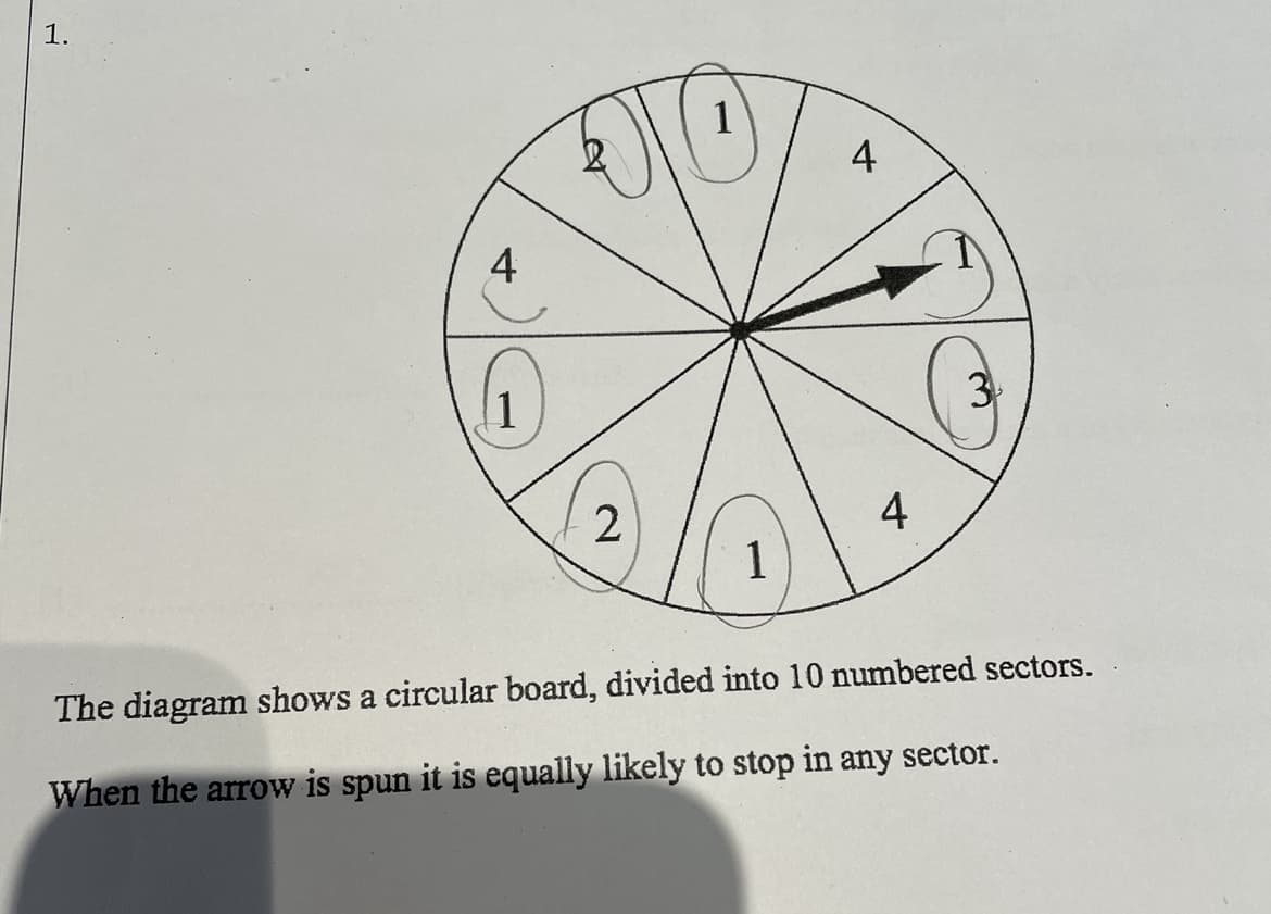 1
4
4
1
The diagram shows a circular board, divided into 10 numbered sectors.
When the arrow is spun it is equally likely to stop in any sector.
4-
1.
