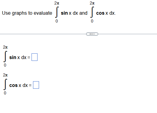 Use graphs to evaluate
5
2π
S
2π
S
sin x dx =
cos x dx =
2t
S
0
sin x dx and
2π
S
0
cos x dx.
