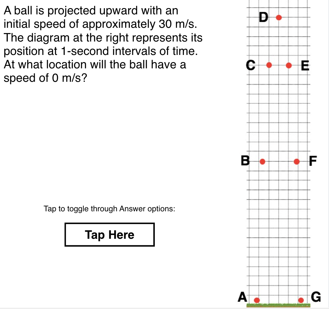 A ball is projected upward with an
initial speed of approximately 30 m/s.
The diagram at the right represents its
position at 1-second intervals of time.
At what location will the ball have a
speed of 0 m/s?
B
F
Tap to toggle through Answer options:
Тар Here
A
D
