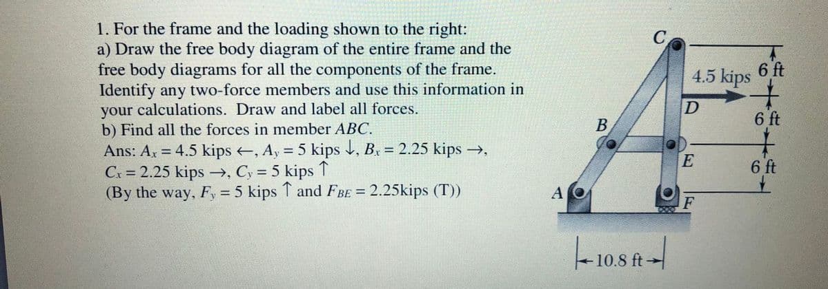 1. For the frame and the loading shown to the right:
a) Draw the free body diagram of the entire frame and the
free body diagrams for all the components of the frame.
Identify any two-force members and use this information in
your calculations. Draw and label all forces.
b) Find all the forces in member ABC.
Ans: Ar = 4.5 kips , Ay =5 kips , Bx = 2.25 kips →,
Cx = 2.25 kips →, Cy = 5 kips T
(By the way, F, = 5 kips T and FBE = 2.25kips (T))
C
4.5 kips
6 ft
D
6 ft
%3D
%3D
6 ft
%3D
AO
%3D
ВЕ
F
10.8 ft
