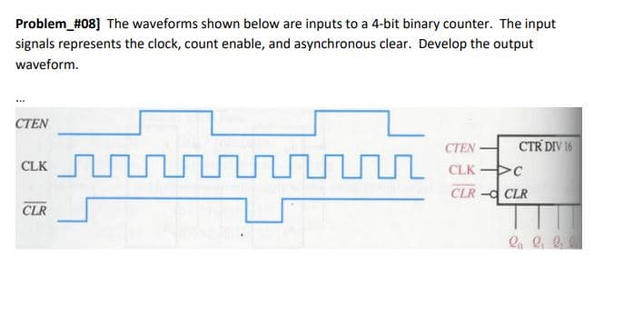 Problem_#08] The waveforms shown below are inputs to a 4-bit binary counter. The input
signals represents the clock, count enable, and asynchronous clear. Develop the output
waveform.
CTEN
CTEN -
CTR DIV 16
CLK
CLK C
CLR - CLR
CLR
