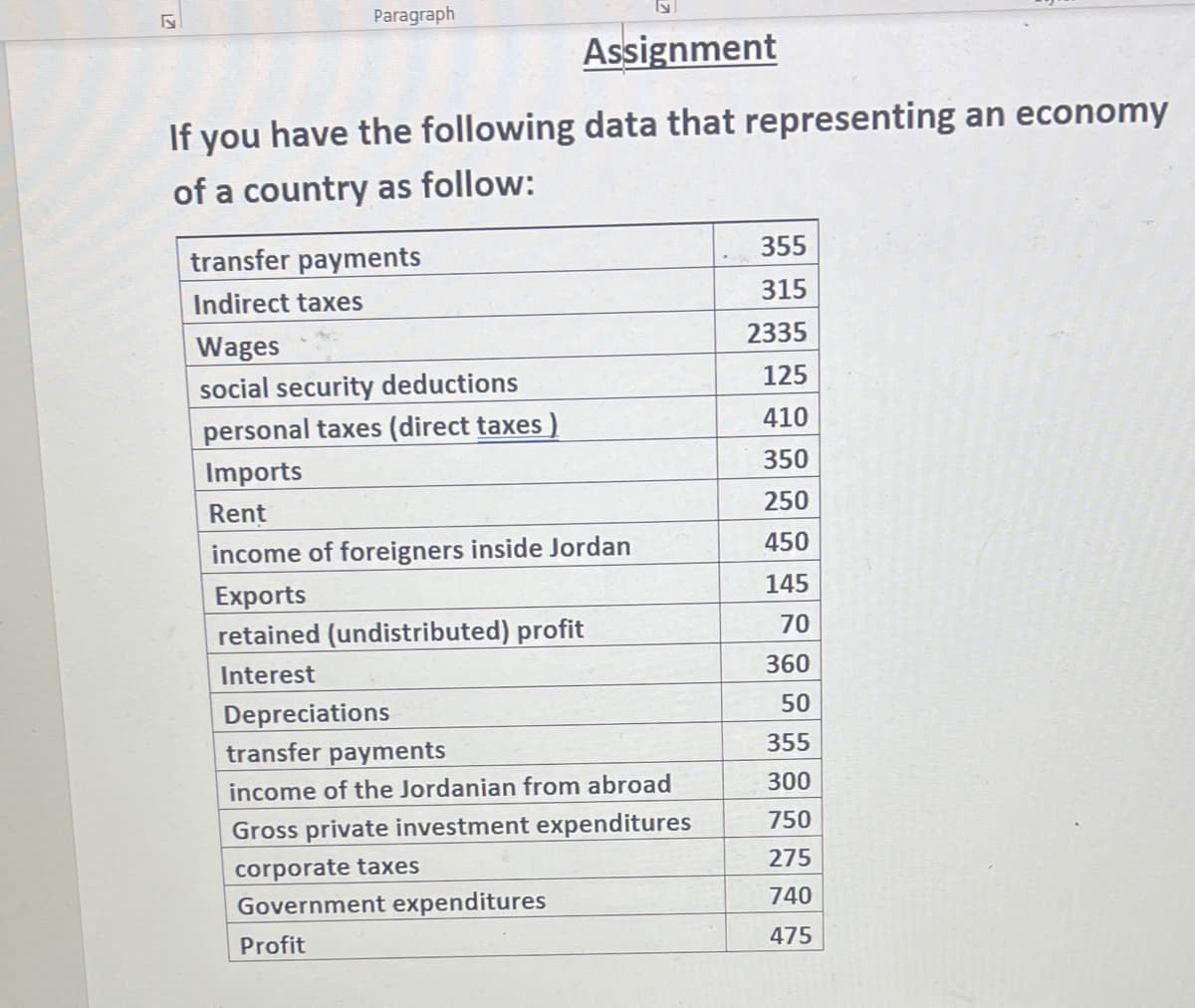 Paragraph
Assignment
If you have the following data that representing an economy
of a country as follow:
355
transfer payments
315
Indirect taxes
2335
Wages
125
social security deductions
410
personal taxes (direct taxes )
Imports
350
250
Rent
450
income of foreigners inside Jordan
145
Exports
retained (undistributed) profit
70
360
Interest
50
Depreciations
transfer payments
355
300
income of the Jordanian from abroad
750
Gross private investment expenditures
275
corporate taxes
740
Government expenditures
475
Profit
