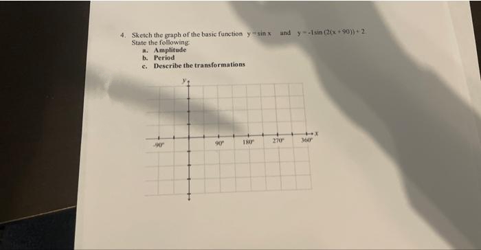 4. Sketch the graph of the basic function ysin x
State the following
a. Amplitude
b. Period
c. Describe the transformations
-90°
90
180
and y--1sin (2(x +90))+2
270
+X
360