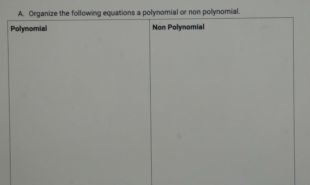 A. Organize the following equations a polynomial or non
polynomial.
Polynomial
Non Polynomial
