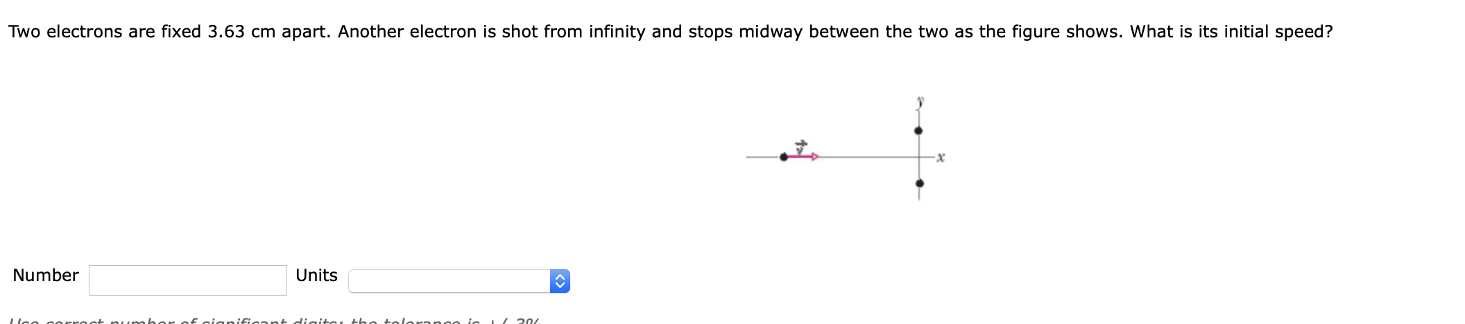 Two electrons are fixed 3.63 cm apart. Another electron is shot from infinity and stops midway between the two as the figure shows. What is its initial speed?
Number
Units
digil
ifican
