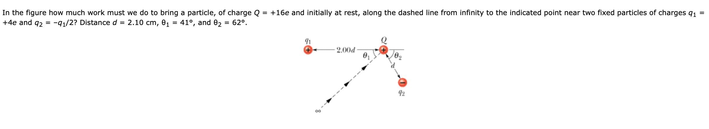 In the figure how much work must we do to bring a particle, of charge Q
41°, and 02 = 62°.
+16e and initially at rest, along the dashed line from infinity to the indicated point near two fixed particles of charges q1
%D
+4e and q2 = -q1/2? Distance d = 2.10 cm, 01
%3D
2.00d
в,
ө,
42
