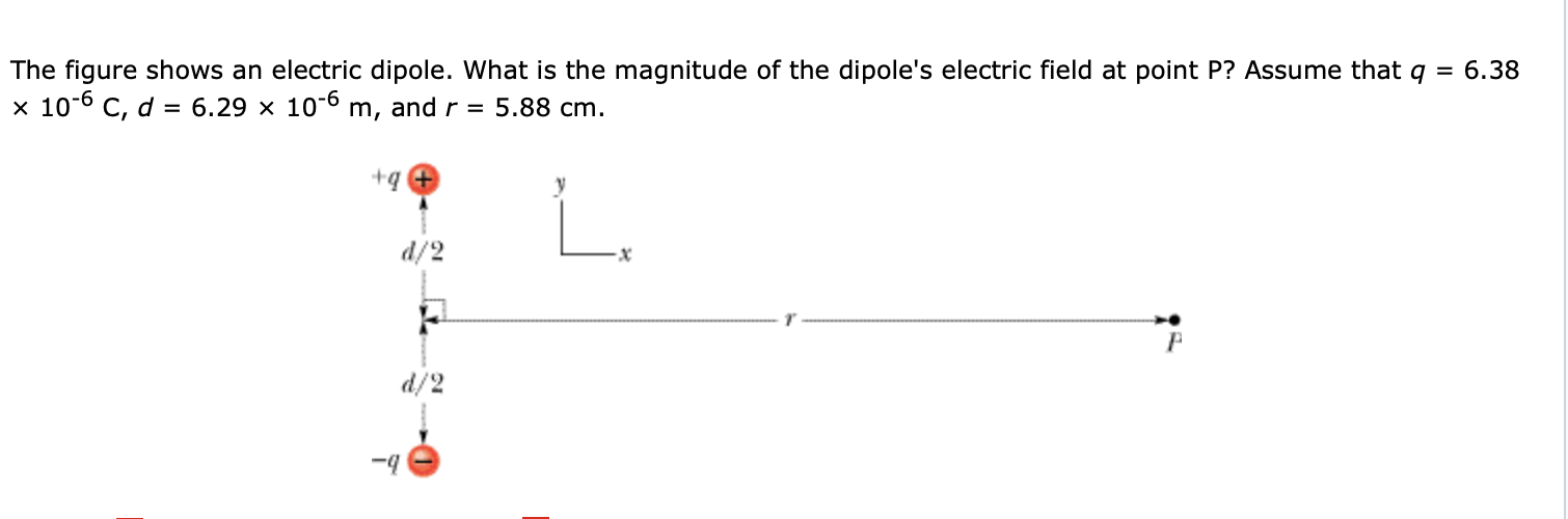 The figure shows an electric dipole. What is the magnitude of the dipole's electric field at point P? Assume that q
x 10-6 C, d = 6.29 x 10-6 m, and r = 5.88 cm.
= 6.38
L.
d/2
d/2
-4
