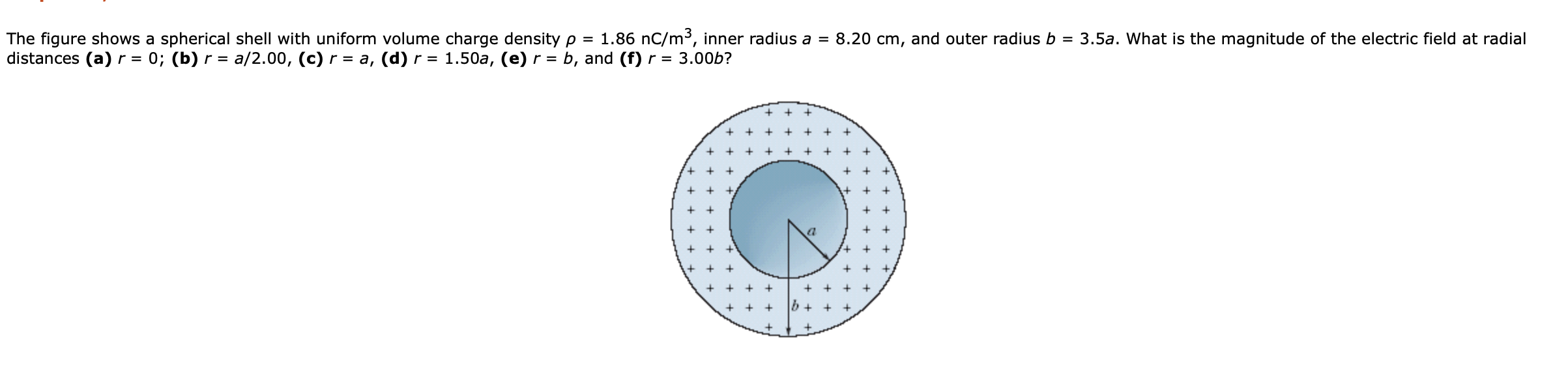 The figure shows a spherical shell with uniform volume charge density p = 1.86 nC/m3, inner radius a = 8.20 cm, and outer radius b = 3.5a. What is the magnitude of the electric field at radial
distances (a) r = 0; (b) r = a/2.00, (c) r = a, (d) r = 1.50a, (e) r = b, and (f) r = 3.00b?
%3D
